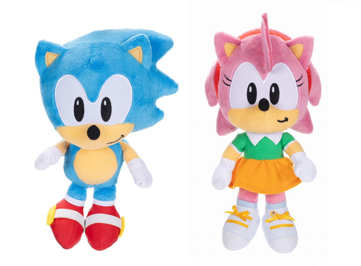 JAKKS Pacific Sonic the Hedgehog 9-inch plush duo featuring Sonic and Amy for playful, age-3+ collectible fun.