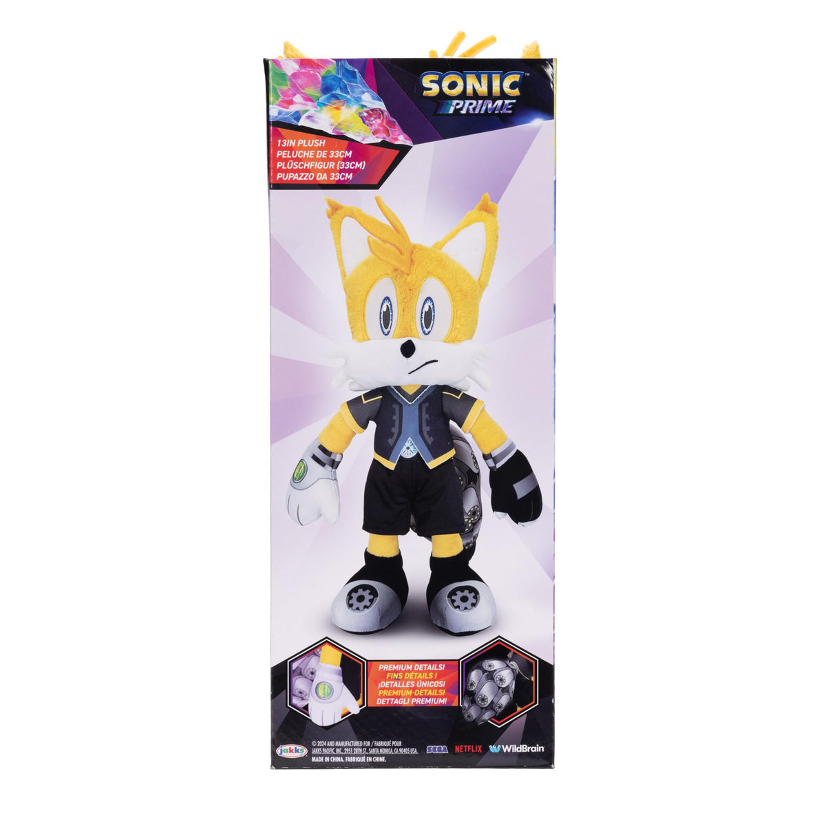 Jakks Pacific Sonic Prime Tails Nine closeup fabric highlights soft faux suede palm texture.