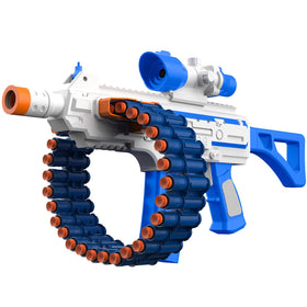 JakMean electric automatic toy blaster blue front view with foam darts ready for action