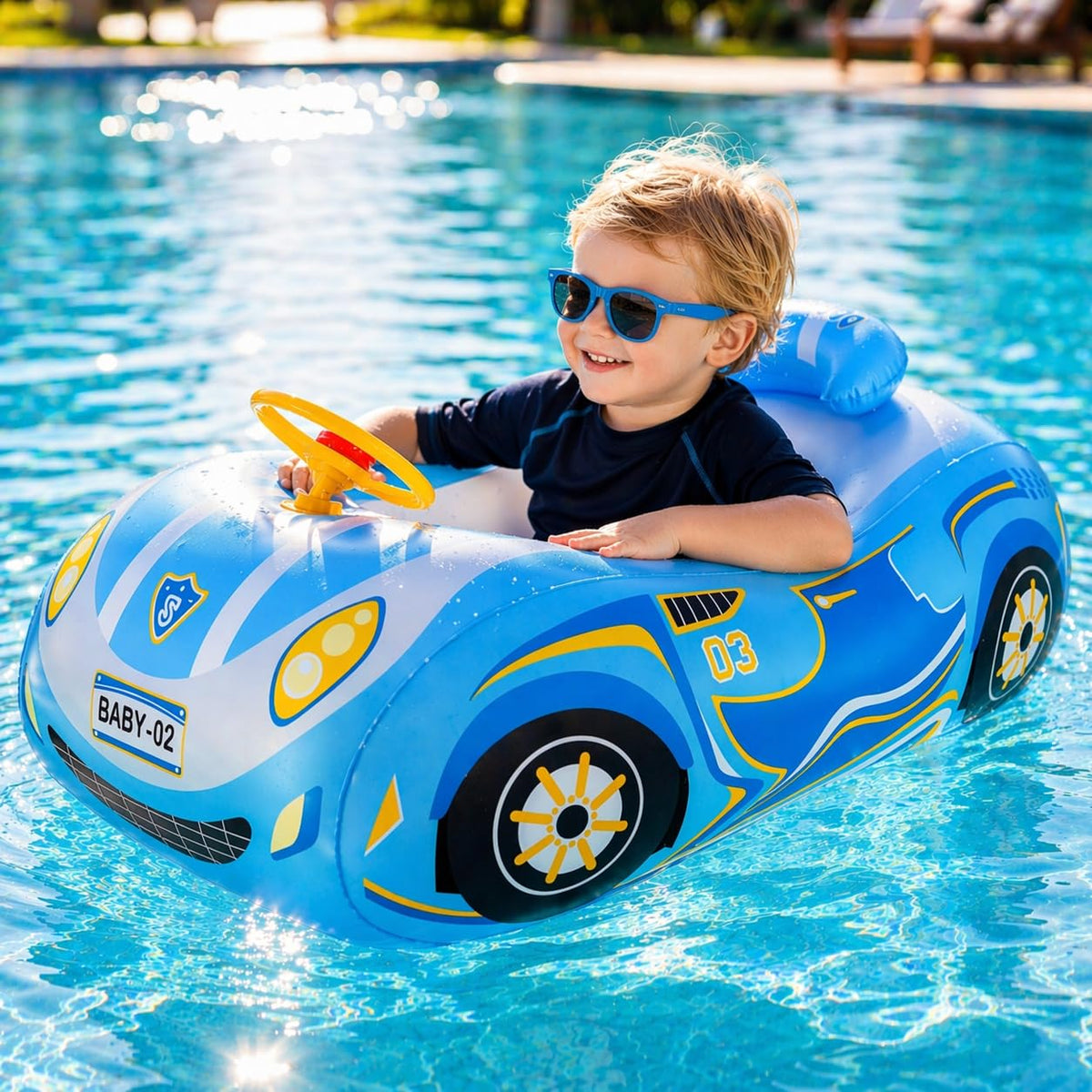 JALAROMA baby pool float car with steering wheel entertains while keeping kids safe.