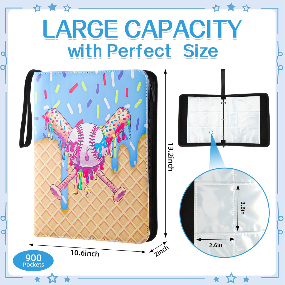 Jaloro Ice Cream Binder pocket layout highlights 900-card capacity and viewing sleeves.