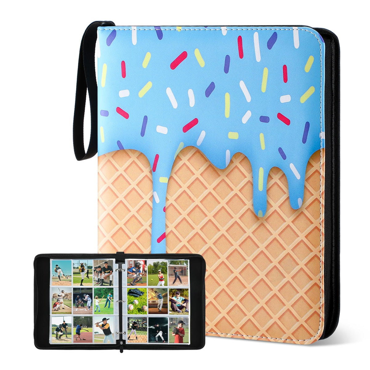 Jaloro Ice Cream Drip binder with 900 pockets keeps cards organized on the go.