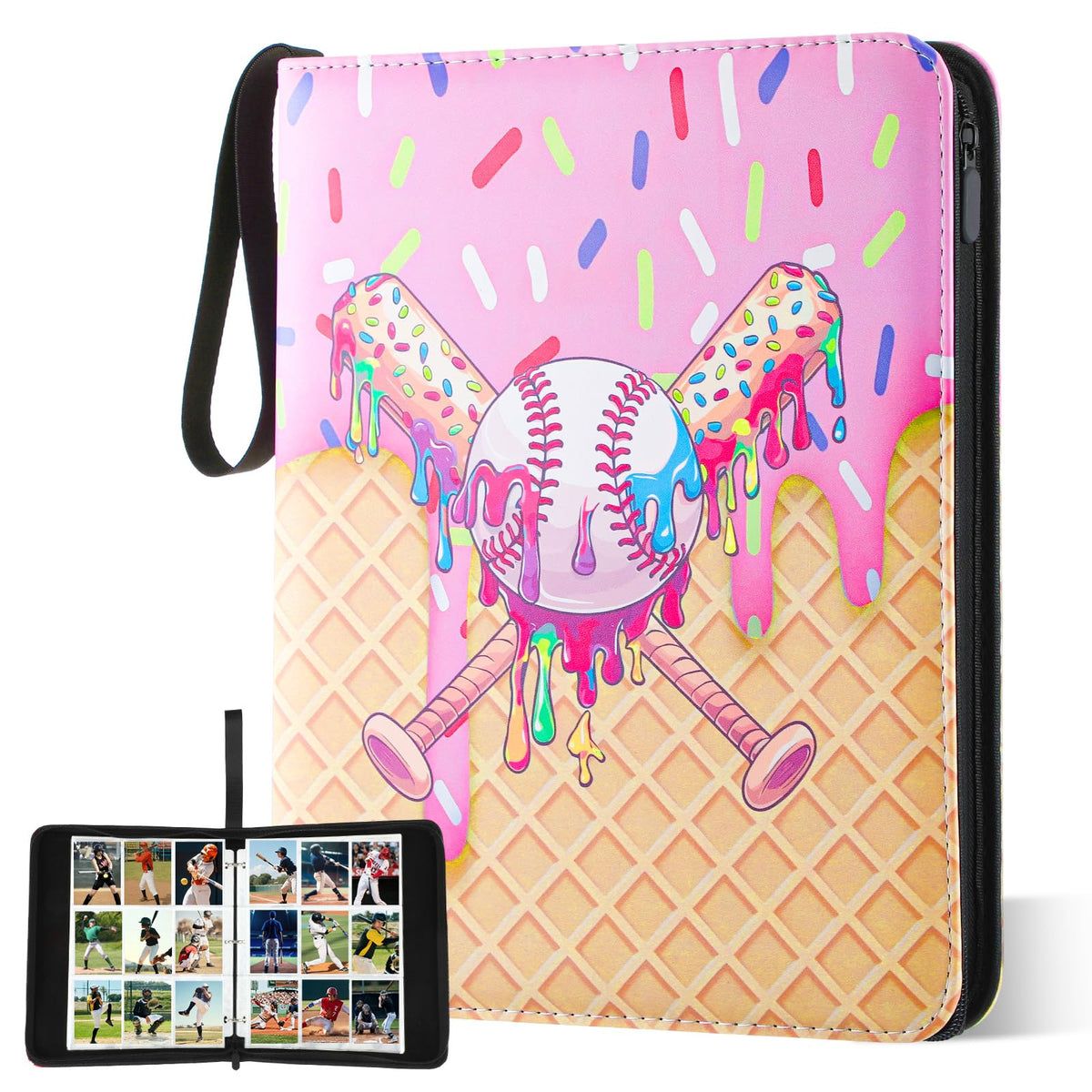 Jaloro Ice Cream Drip Binder front view with pink cover for card storage