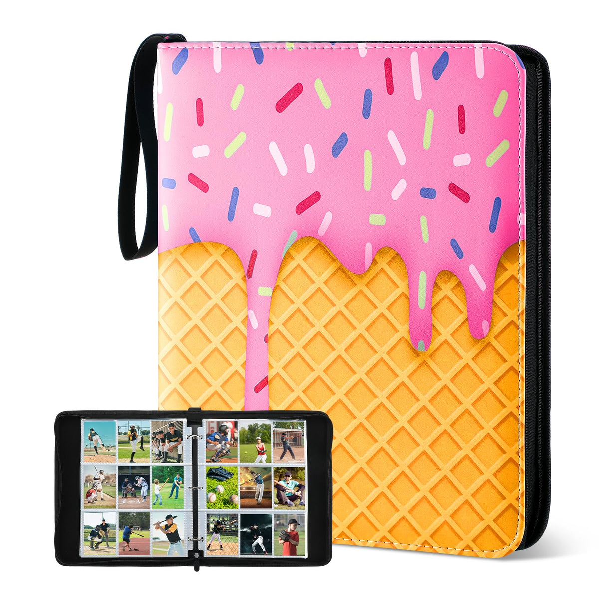Jaloro Ice Cream Drip binder front view with pink design and portable storage.