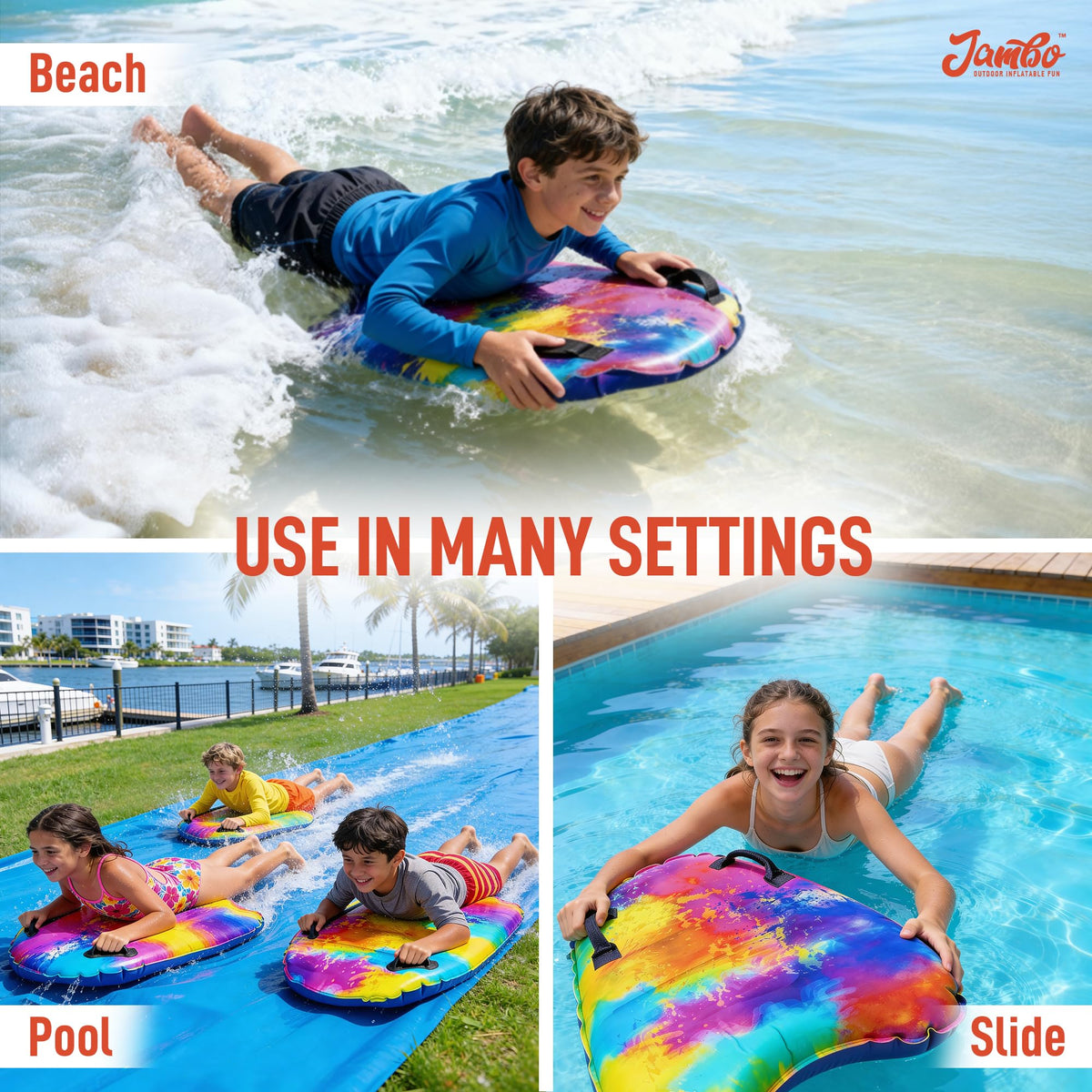 JAMBO boogie boards in bright colors ideal for pool and lake fun.