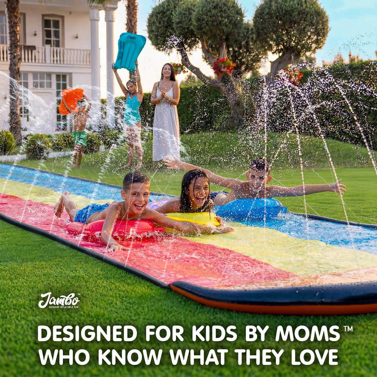 JAMBO patent-pending design uses durable PVC for year-after-year backyard use.