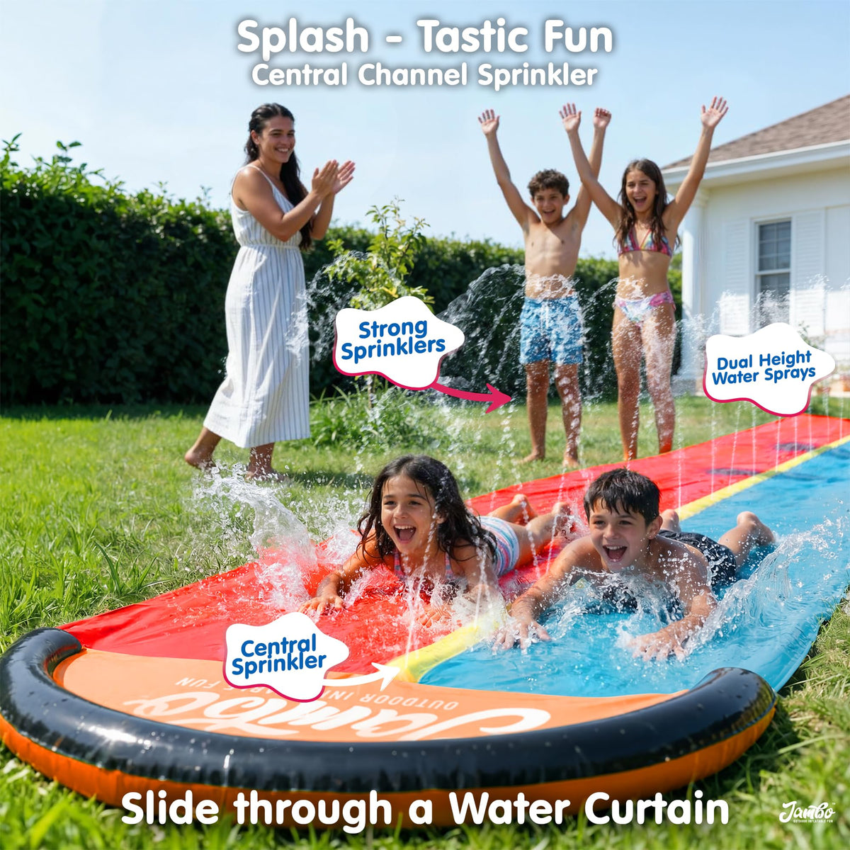 Anchors and hose setup shown for quick, stable backyard play