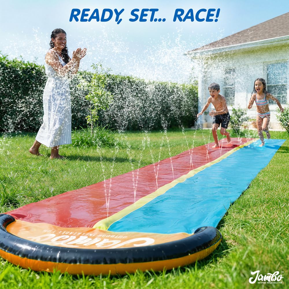 Children enjoy JAMBO backyard water slide on sunny day