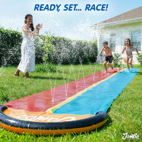 Children enjoy JAMBO backyard water slide on sunny day