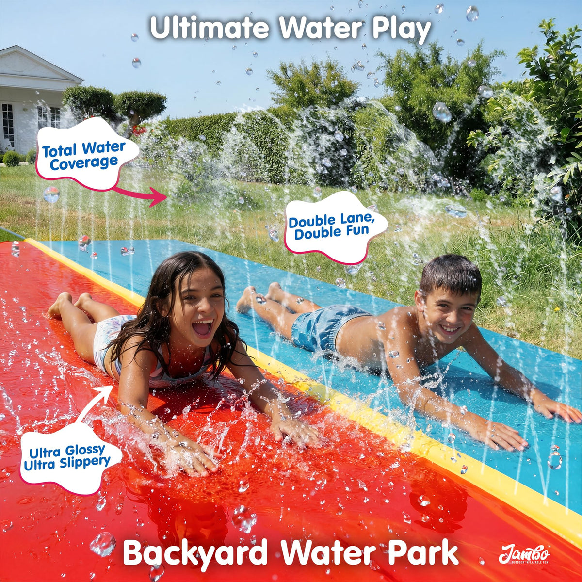 JAMBO sprinkler system in action with wide water coverage for play