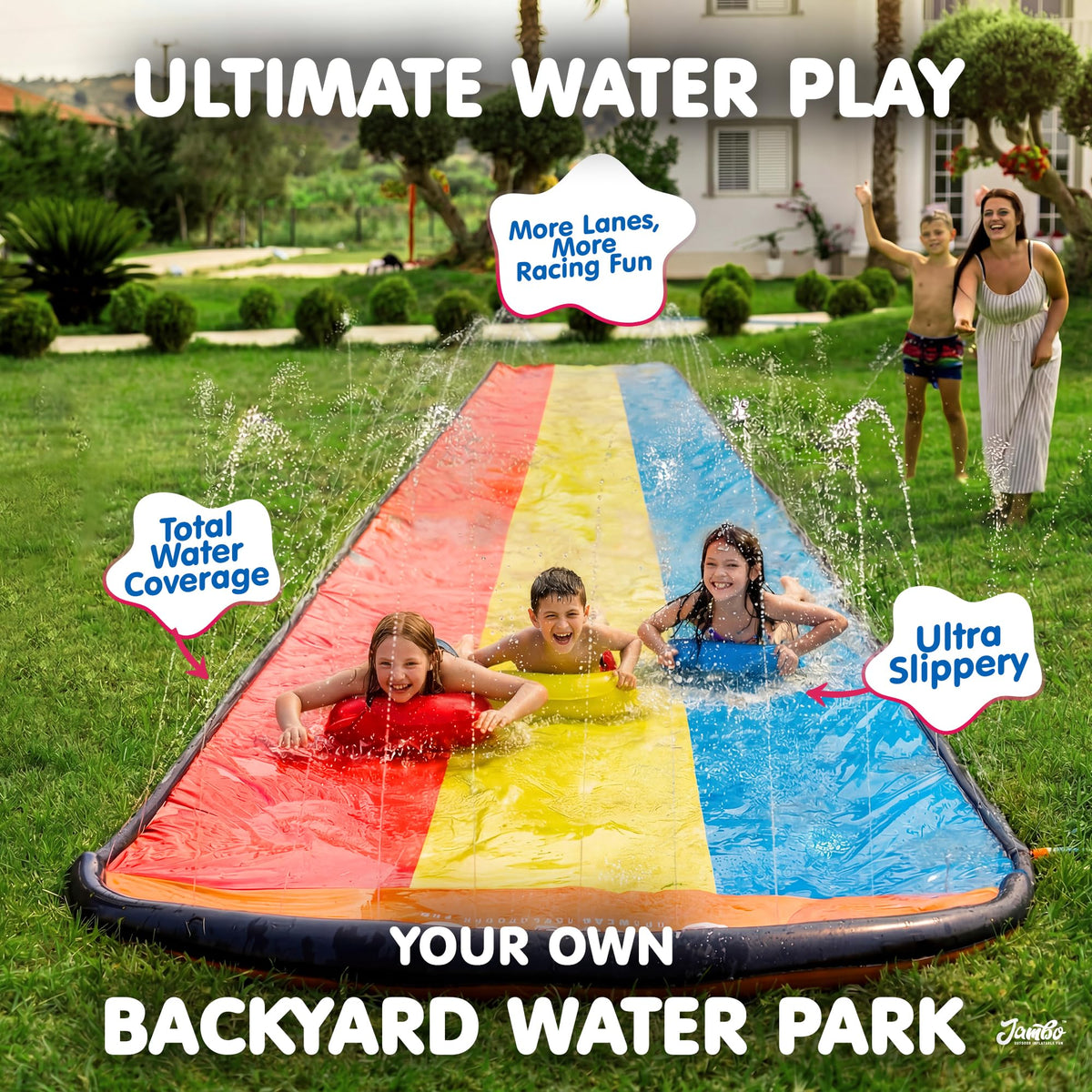 JAMBO premium triple water slide bodyboards included for dynamic rides