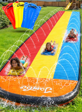 JAMBO premium triple water slide setup in a sunny backyard for quick summer fun