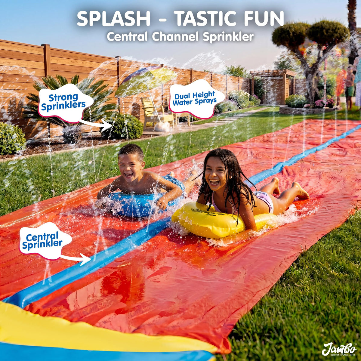 JAMBO XXL patent-pending design on an extra-long slide for extended backyard play.