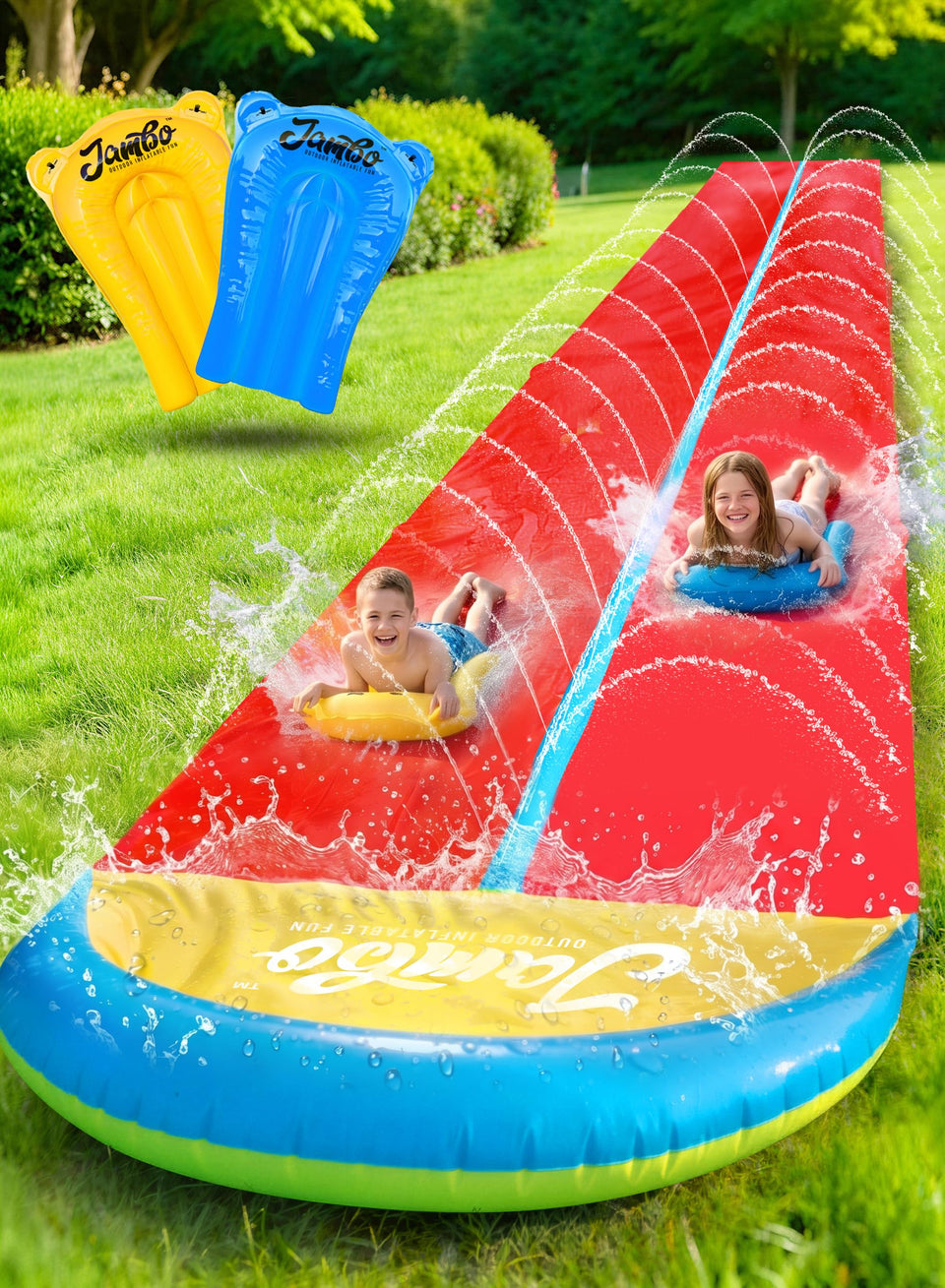 JAMBO XXL slip splash slide with central sprinkler for even water coverage across both lanes.