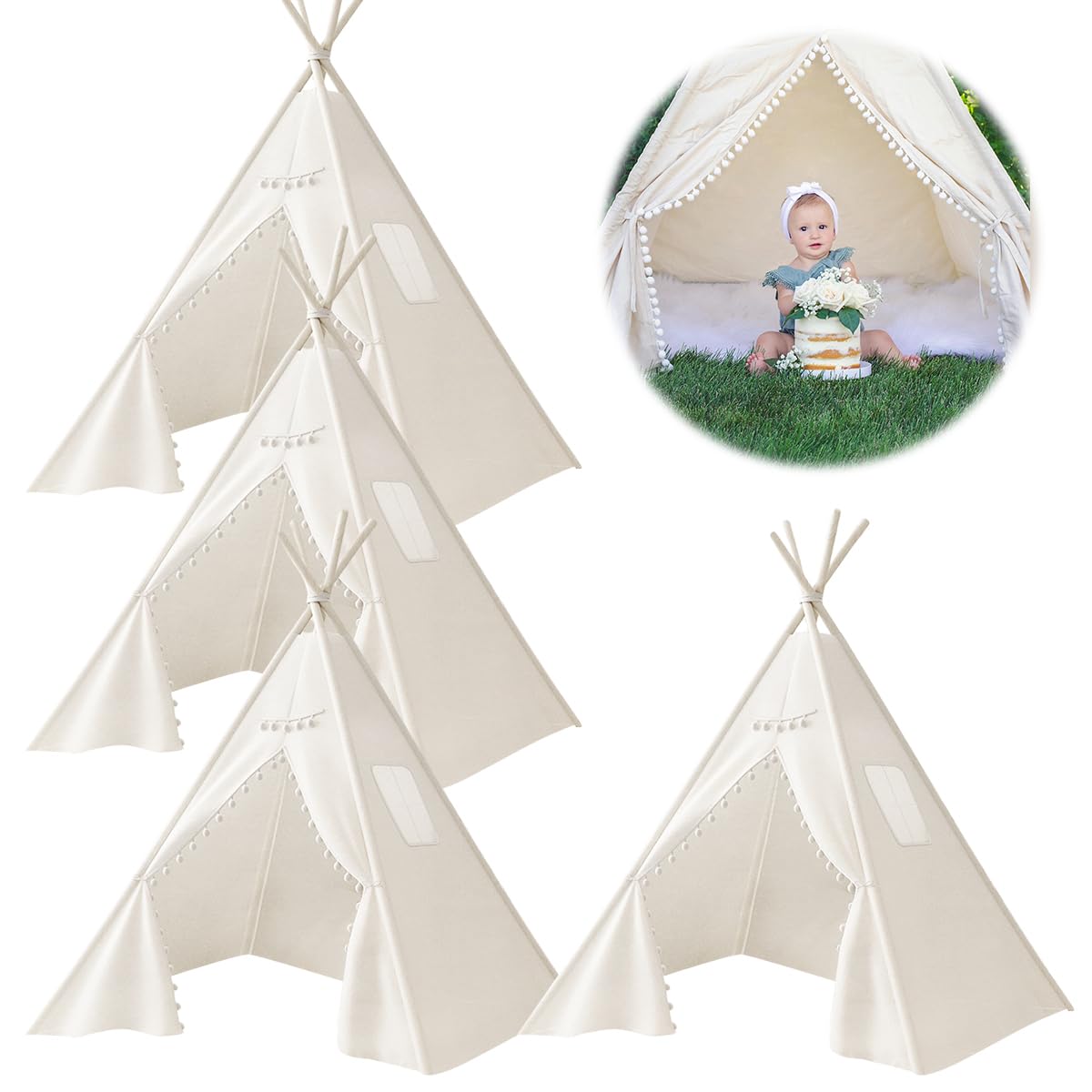 Jamceoceo four-piece teepee tent kit for kids, easy setup and imaginative play