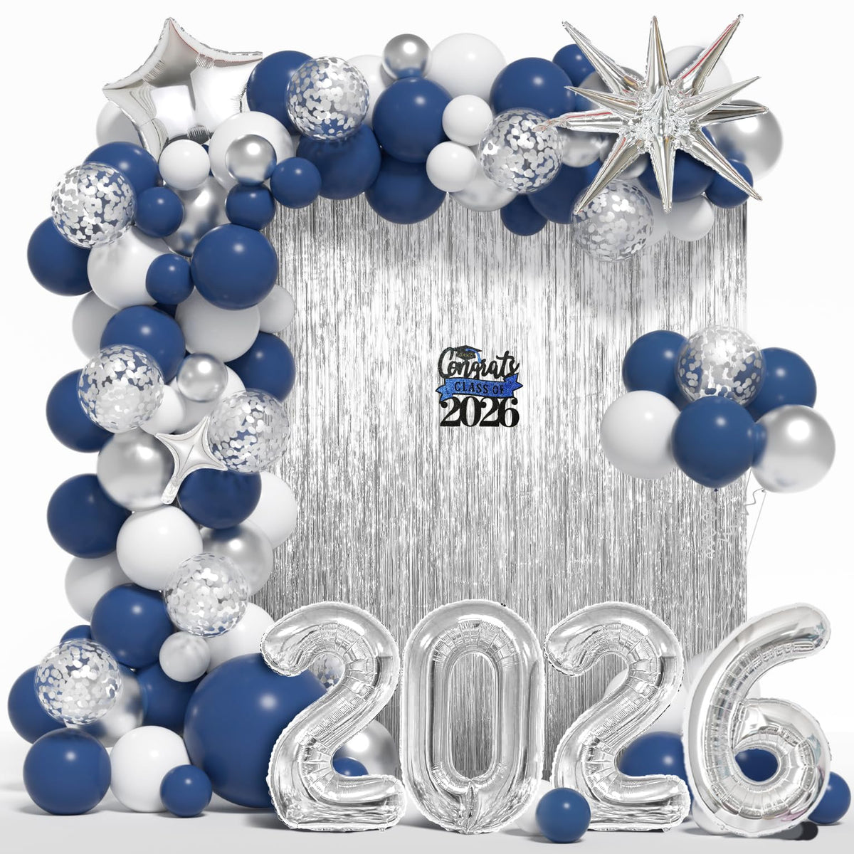 Janinus graduation balloon arch kit with navy blue, white, and silver for a polished backdrop