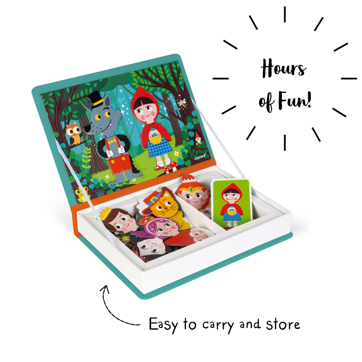Janod Magneti'book Fairy Tales sturdy cardboard book for organized storage.
