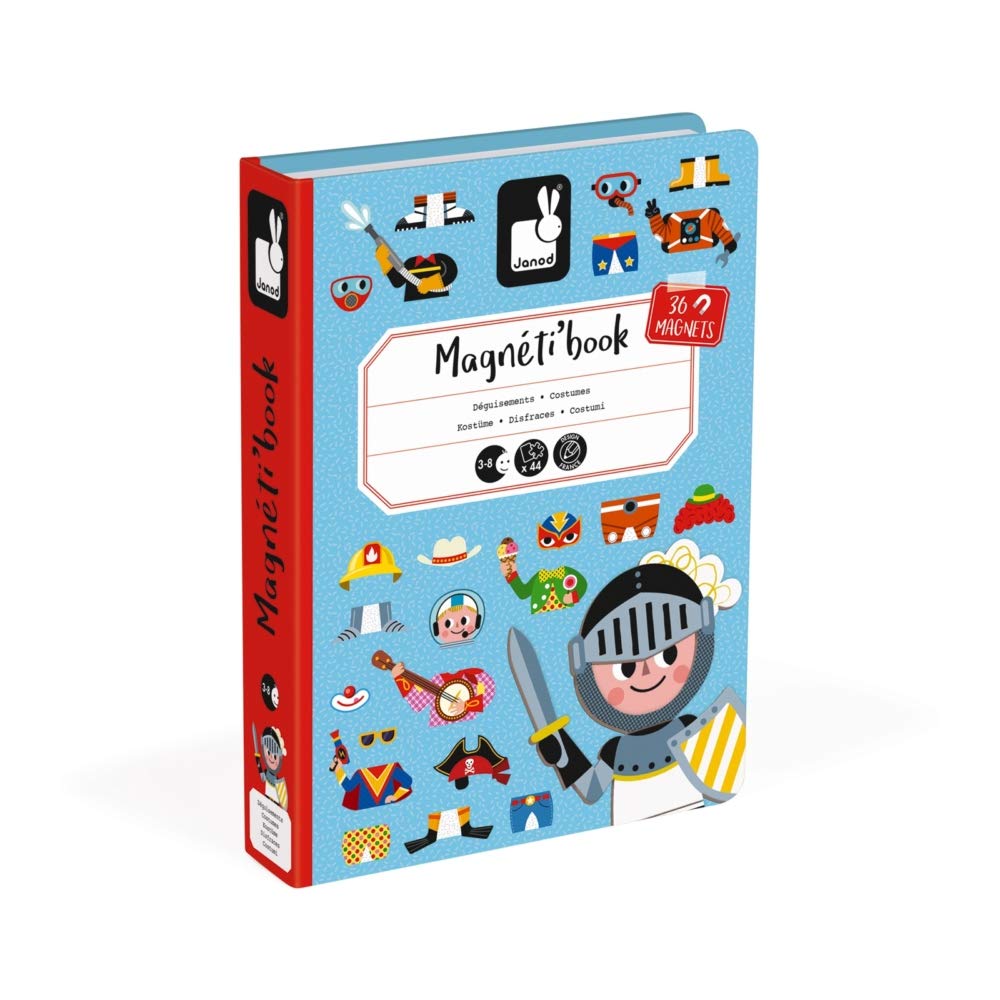 Janod MagnetiBook dress-up play scene with colorful outfits for imaginative storytelling.