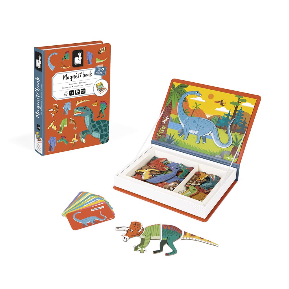 Janod Magnetibook model cards guiding creative dinosaur matching.