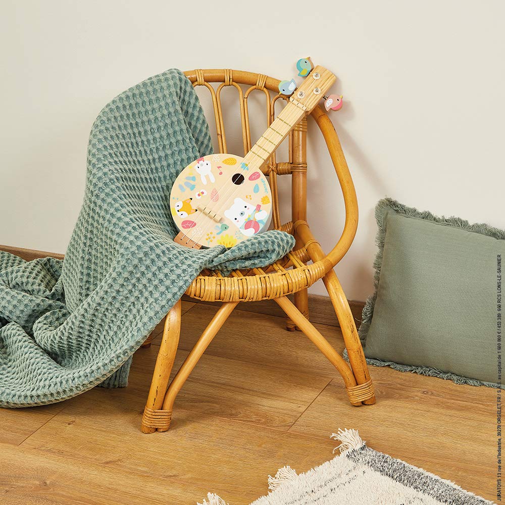 Janod Pure Banjo with bird-topped keys supports gentle tuning practice.