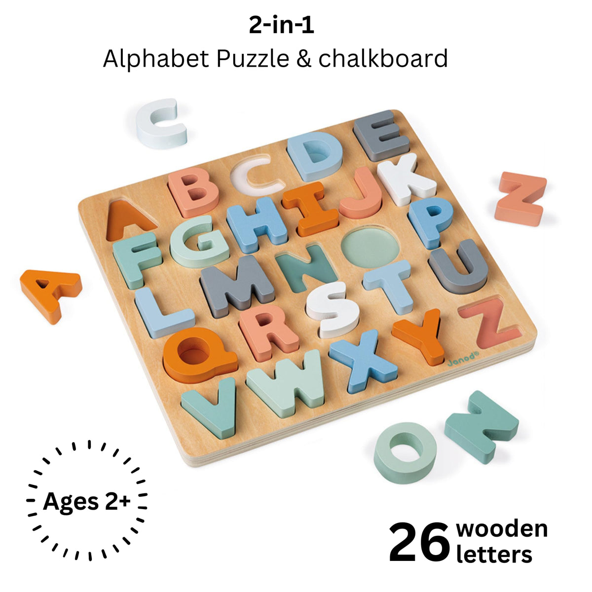 Janod Sweet Cocoon pastel letters display supports hands-on letter recognition and exploration.