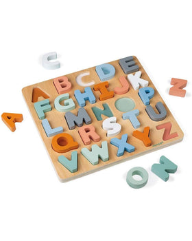 Janod Sweet Cocoon wooden alphabet puzzle stand-up letters in pastel colors boost early literacy.