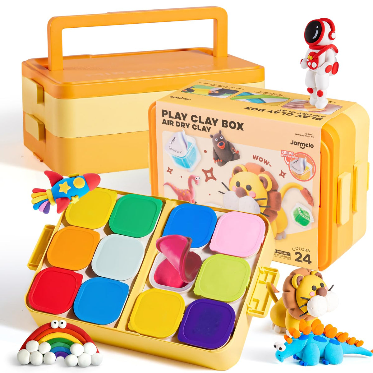 Jar Melo 24-color clay storage box keeps colors organized for mess-free creativity.