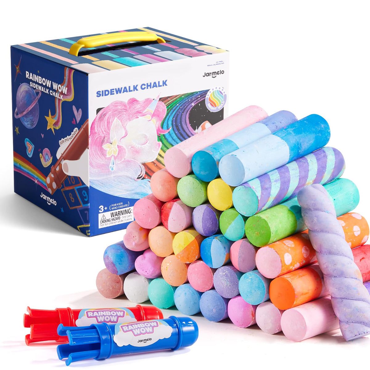 Jar Melo 38-piece sidewalk chalk set in carrying case for easy storage and transport.