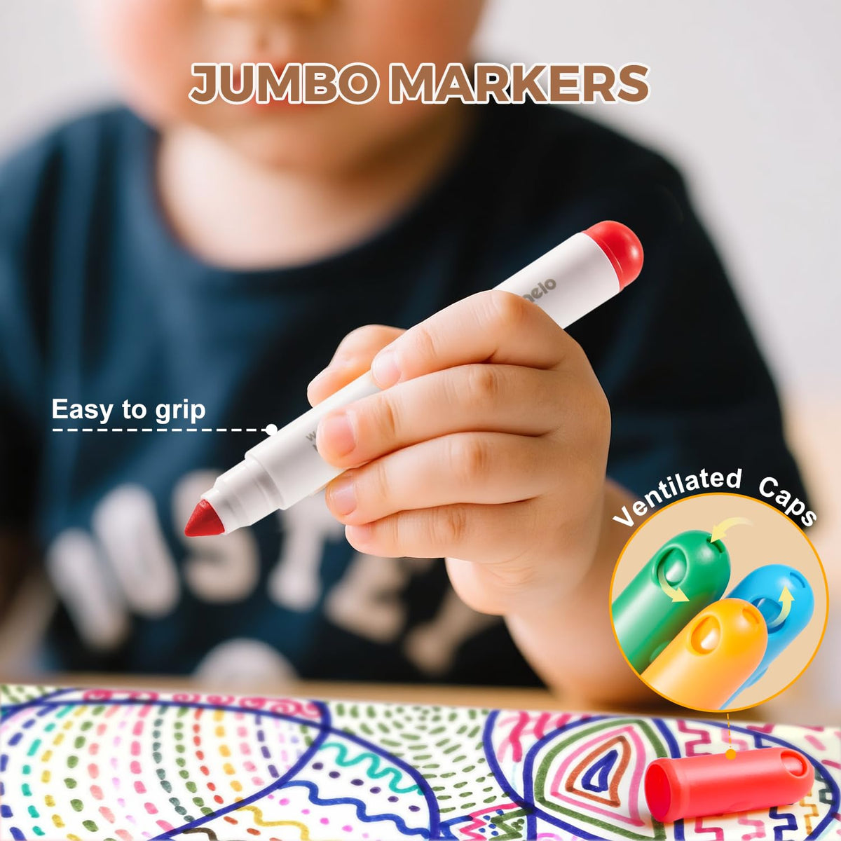 Jar Melo cap with air holes enhances safety during art time.