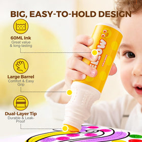 Jar Melo dot markers large-barrel for tiny hands, easy grip.
