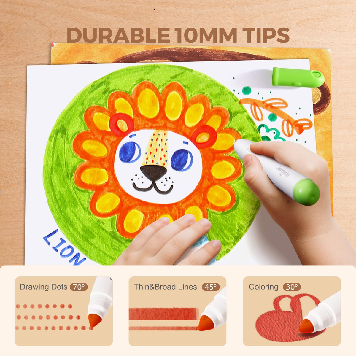 Jar Melo ergonomic thick barrel supports comfortable drawing for kids.