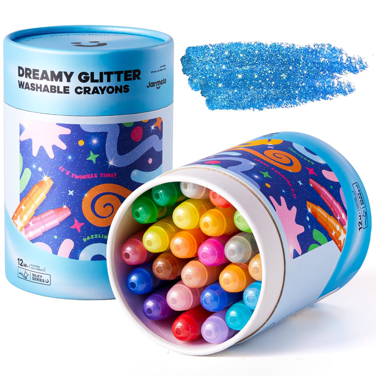 Jar Melo Glitter Crayons twist-up shell enables mess-free drawing