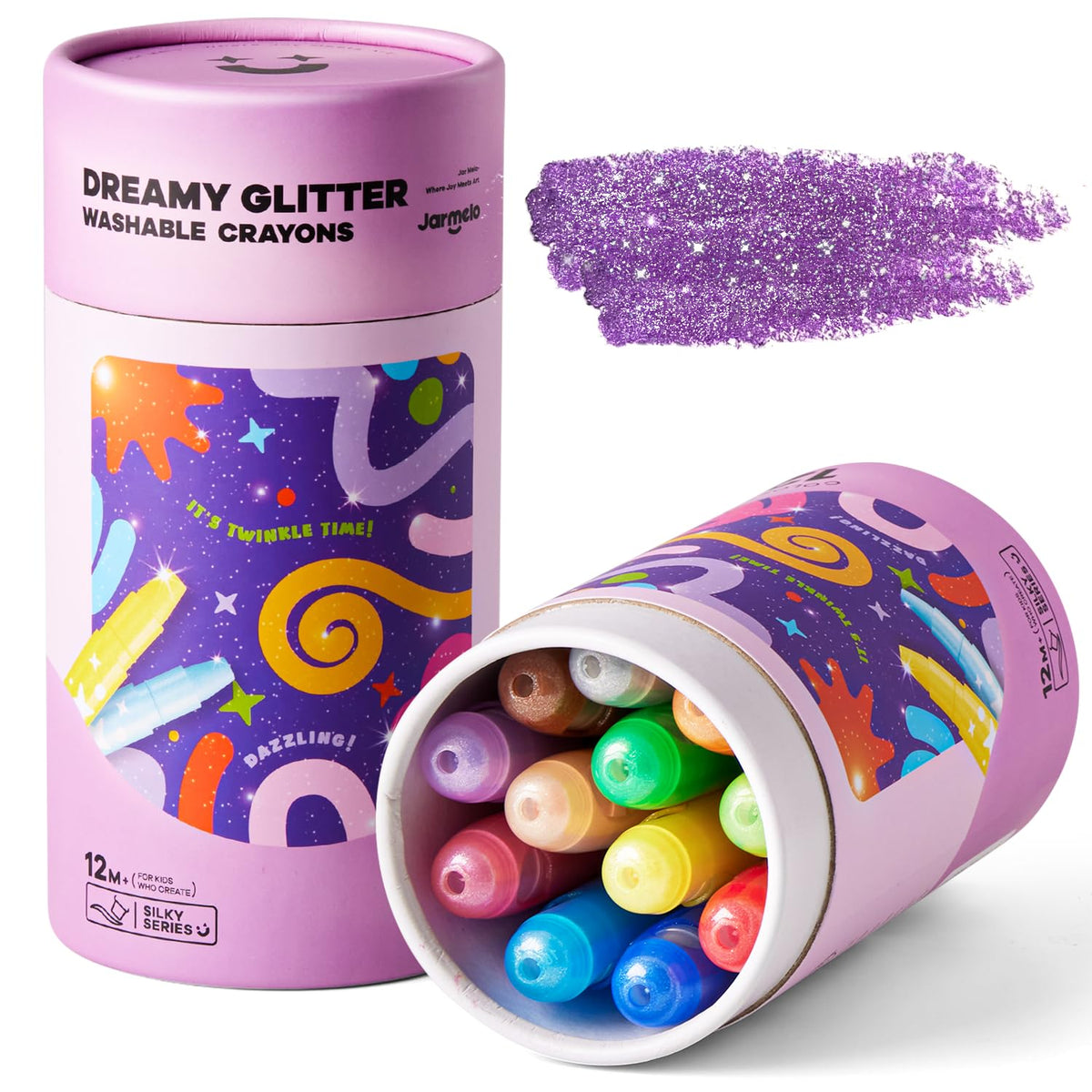 Jar Melo glitter crayons twist-up shell designed for easy grip and mess-free drawing.