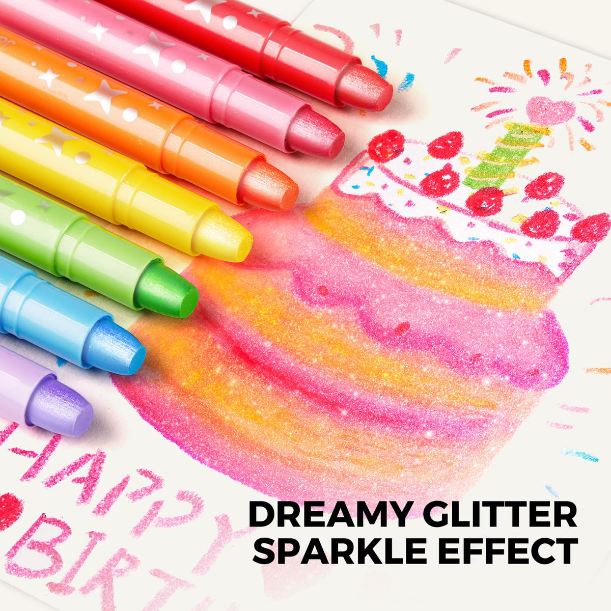 Jar Melo glitter crayons ultra-silky glide for smooth coloring and less crumbling.
