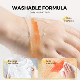 Jar Melo glitter crayons washable formula cleans skin and fabrics with water.