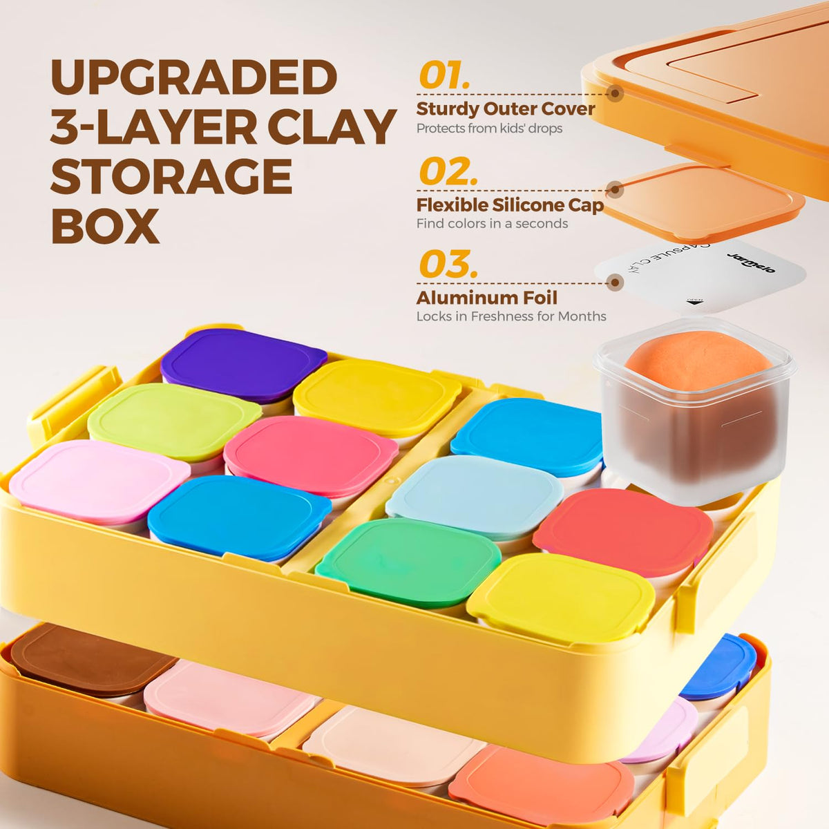 Jar Melo sealed aluminum foil clay pods preserve freshness for multiple play sessions.