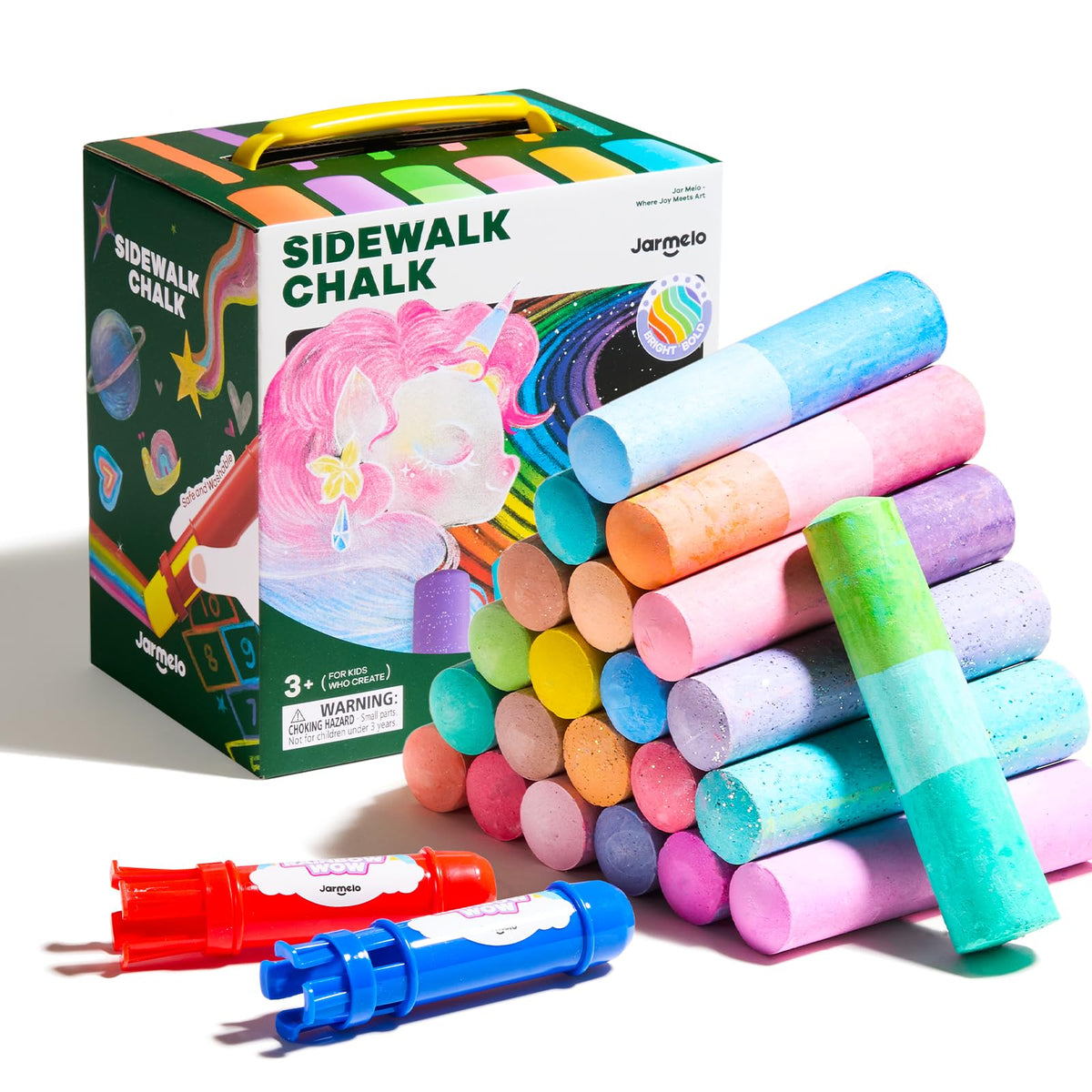 Jar Melo 24-color chalk with holder for mess-free outdoor art.
