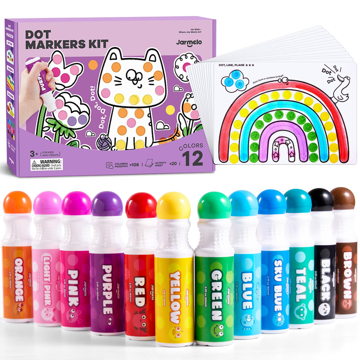 Jar Melo washable dot markers 12 colors for toddlers, easy cleanup.