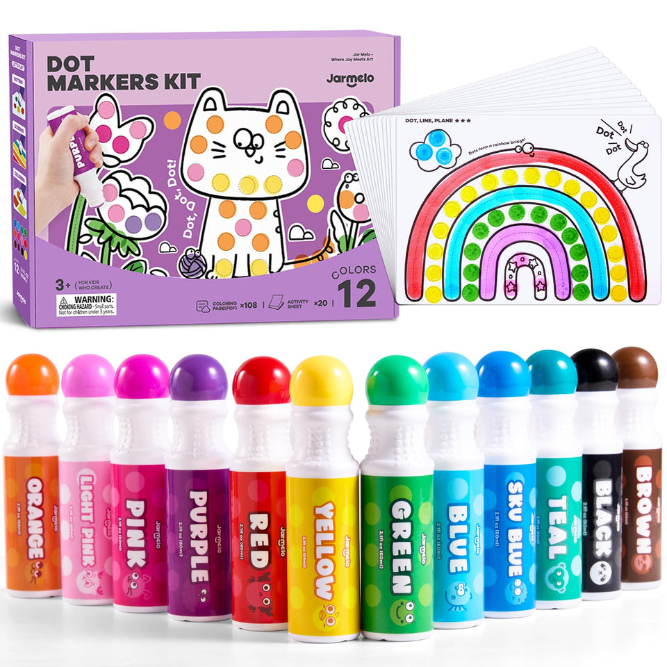 Jar Melo washable dot markers 12 colors for toddlers, easy cleanup.
