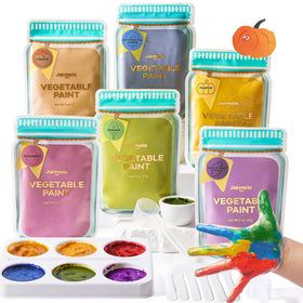 Jar Melo washable finger paints powder packaging shows a safe, vegetable-based formula for toddlers.
