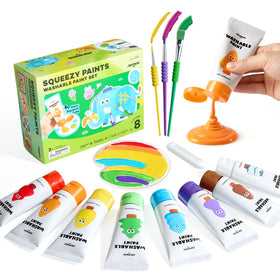 Jar Melo Washable Tempera paints in eight colors deliver vibrant artwork on paper.