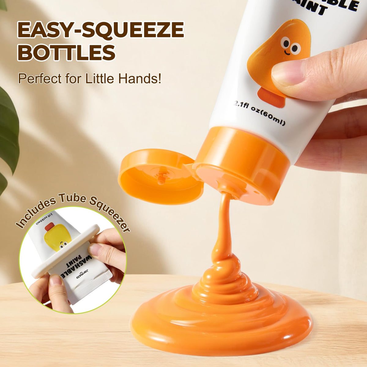 Jar Melo Washable Tempera paints with easy-squeeze bottles enable precise, mess-controlled painting.