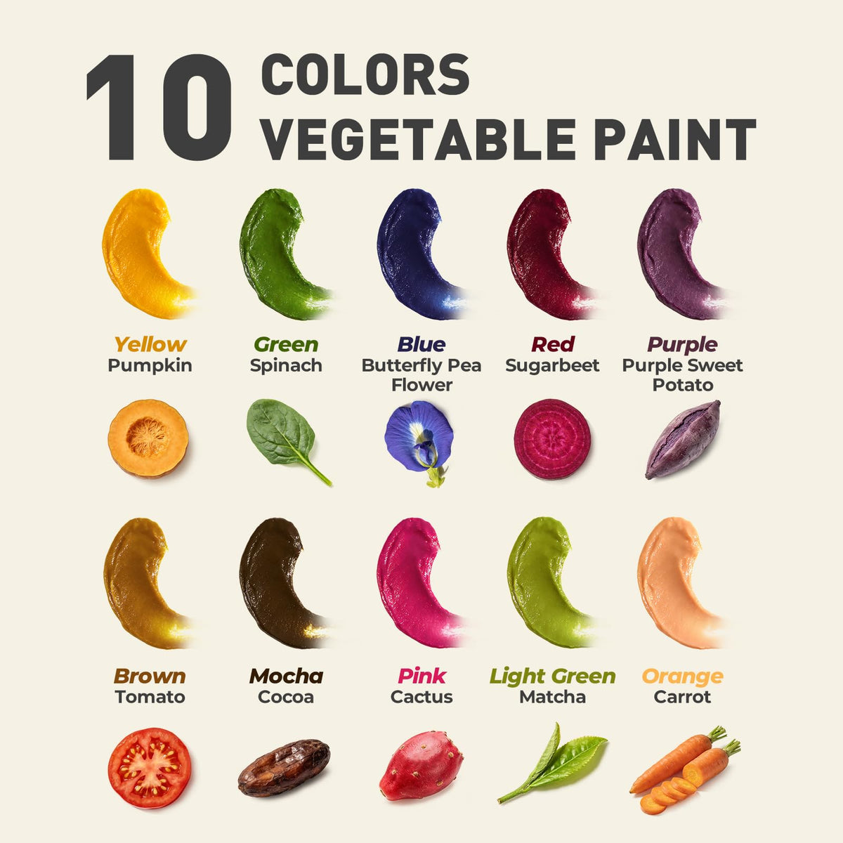 Jar Melo vegetable color palette with natural hues for vibrant, safe art.