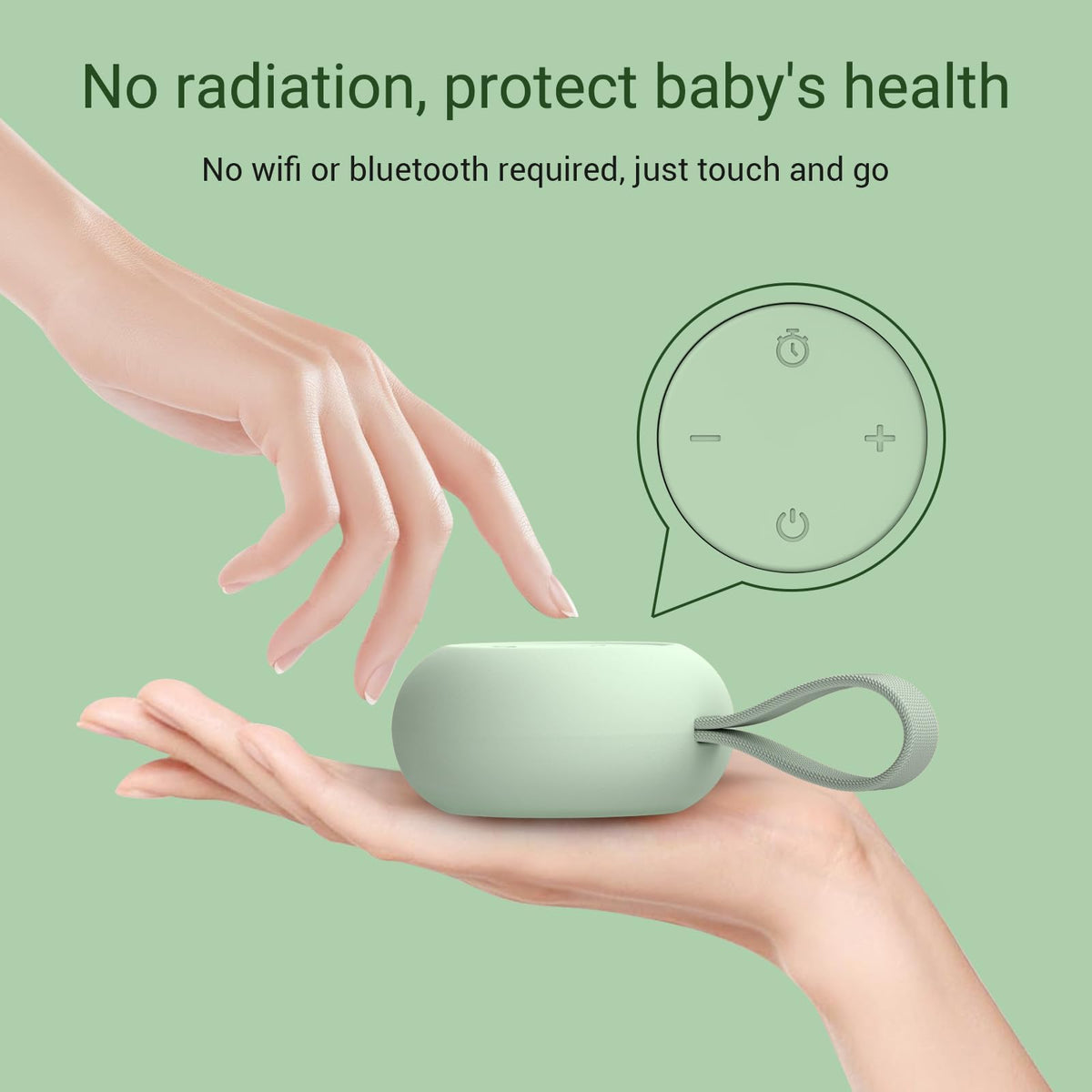 Peaceful sleeping baby with mint device nearby, ideal for home and travel.