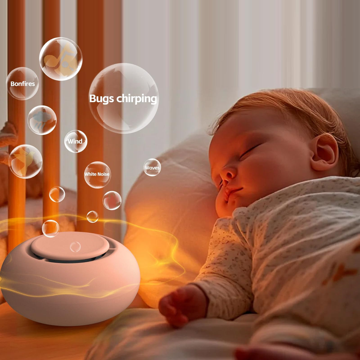 Jaroco peach on nightstand for easy bedtime sound support