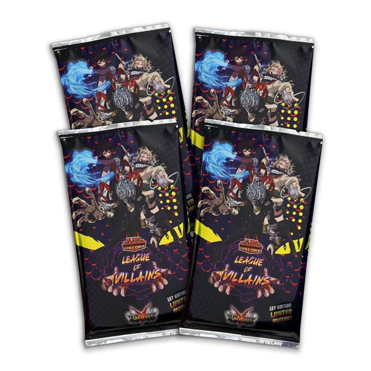 Inside boosters feature villain art and character cards for exciting deck-building