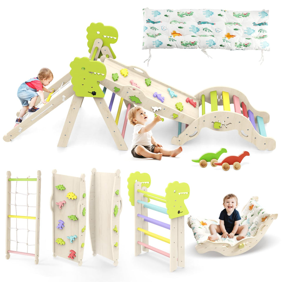 Jasite Pikler triangle with dinosaur park promotes imaginative, safe play for toddlers.