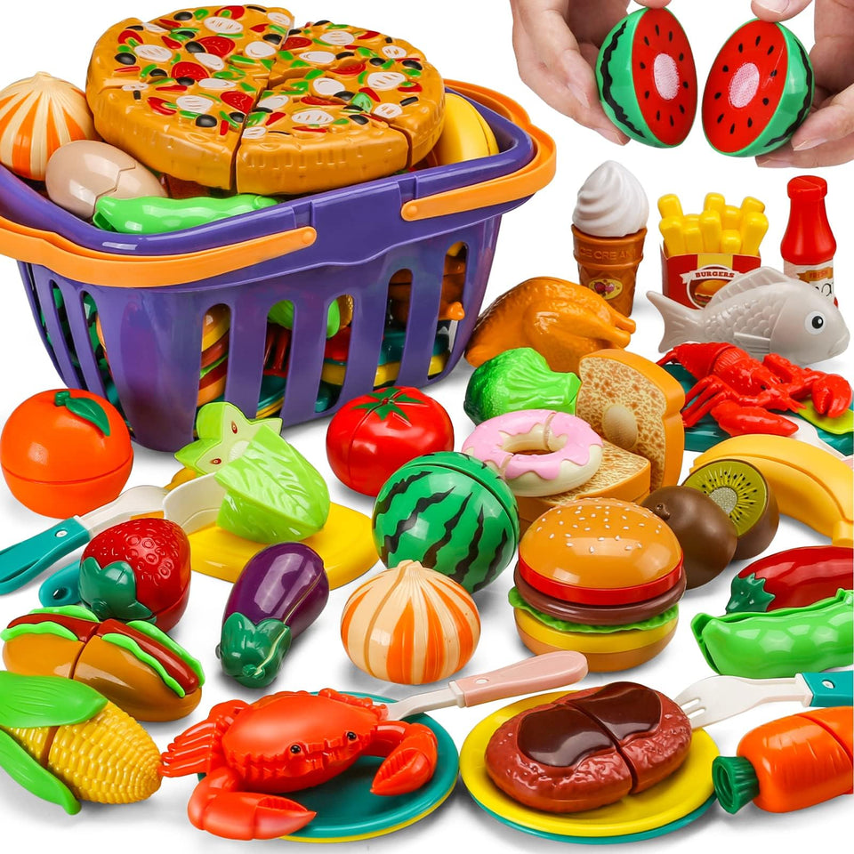 JASNKKONT 42-item cutting play kitchen set for safe, imaginative play and fine motor practice.