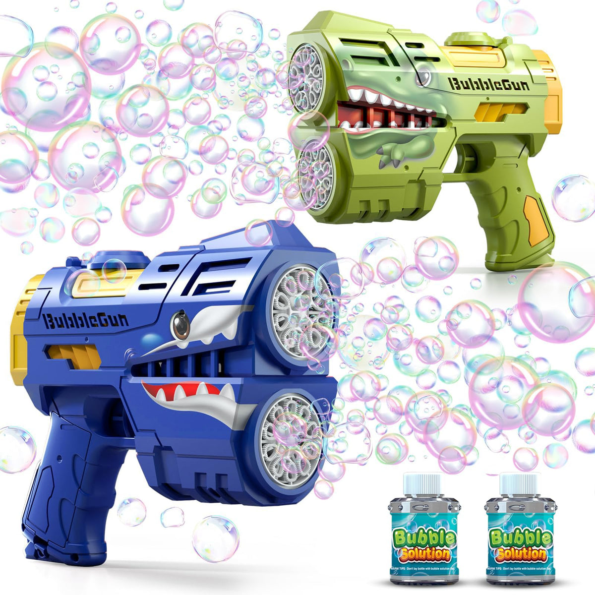Jasny 2-pack bubble guns display for versatile family play outdoors.