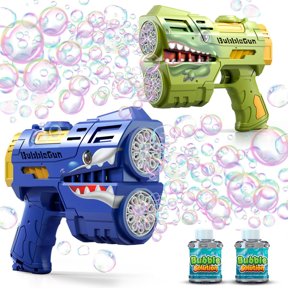 Jasny 2-pack bubble guns display for versatile family play outdoors.